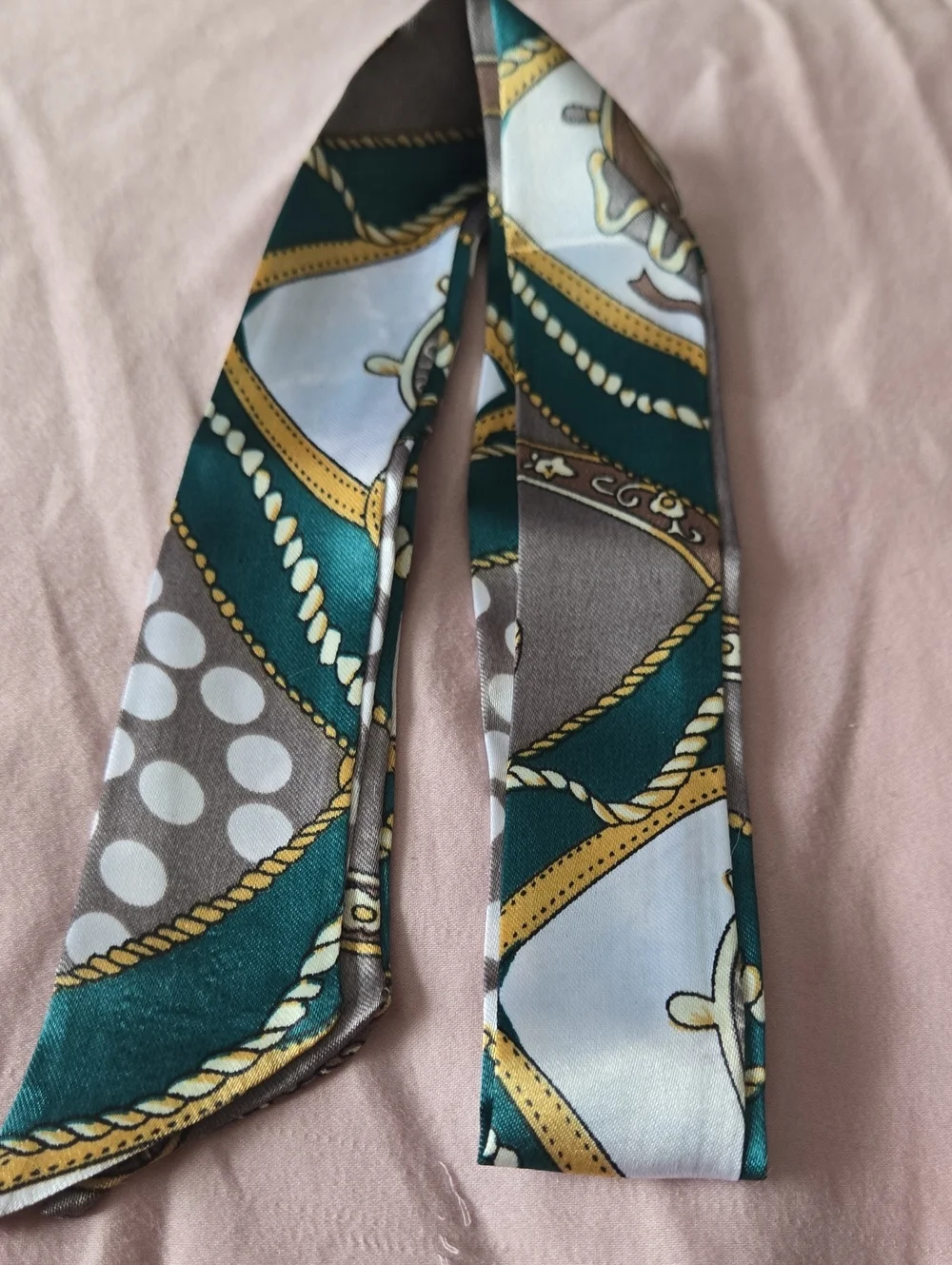 Silk-Inspired Teal Green & Gray Patterned Twilly Scarf, For Bags Or Wear!!